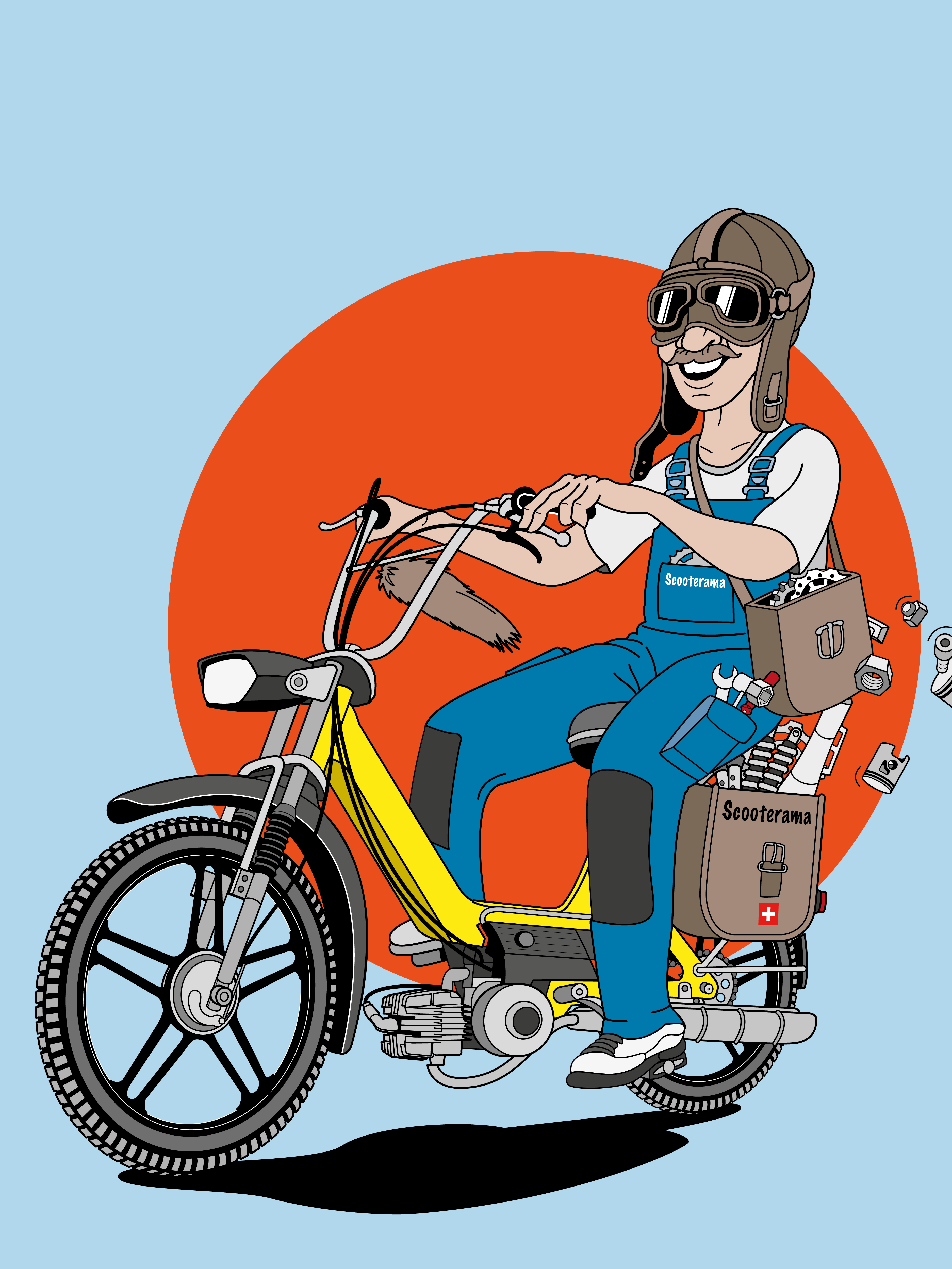 Illustration Kurier mit Mofateilen für die Scooterama GmbH Illustration Kurier mit Mofateilen für die Scooterama GmbH